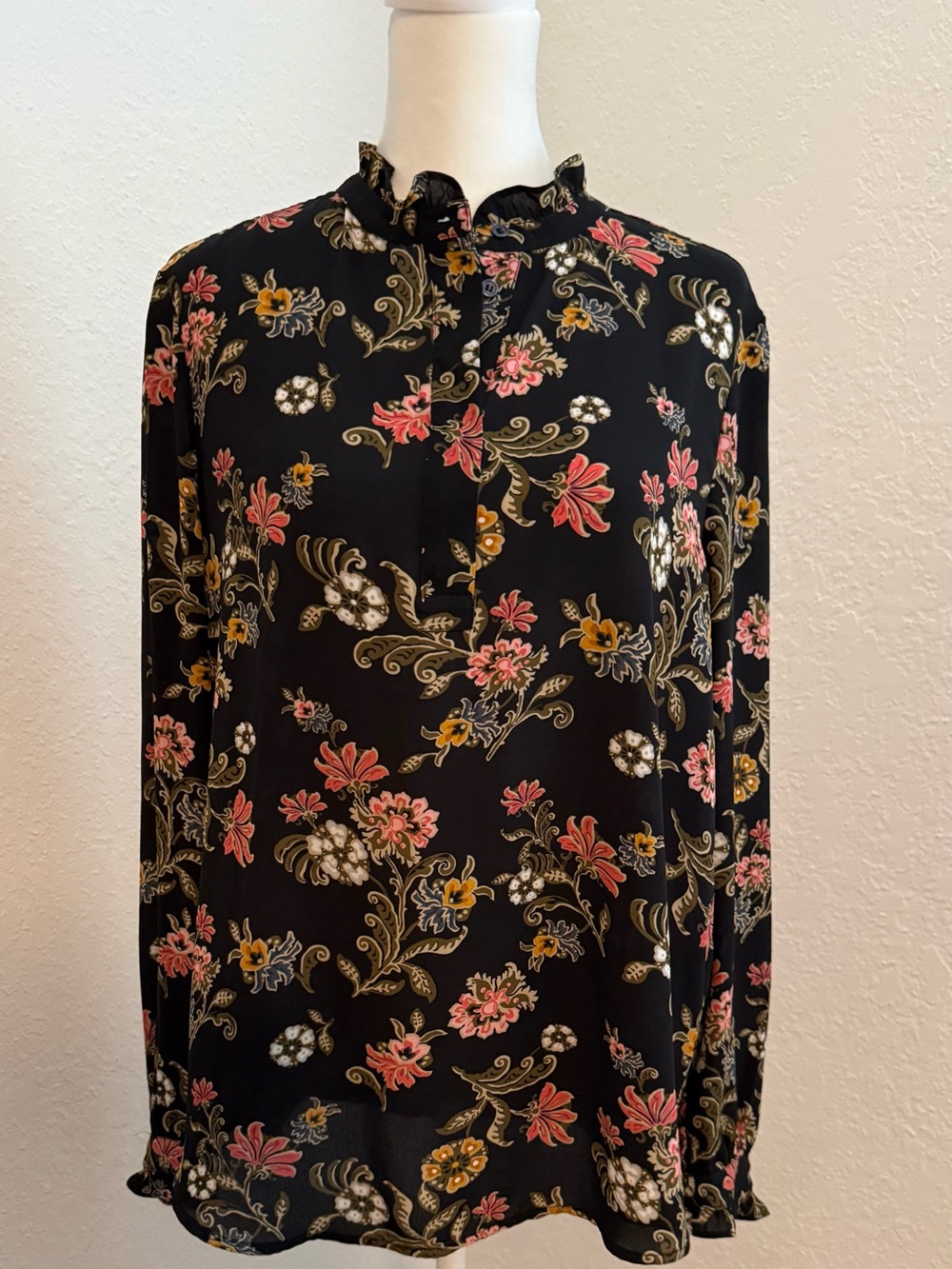 Premise Black Floral Ruffle Neck Blouse